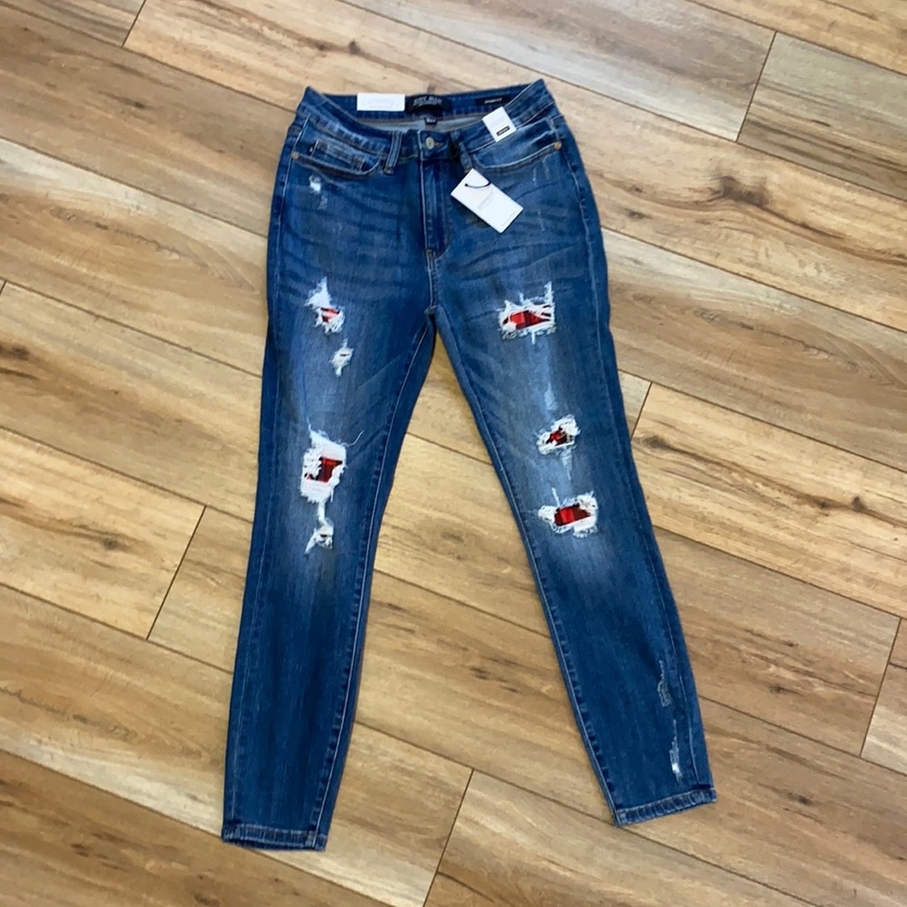 Judy Blue Women's Dark Blue Skinny Jeans with Red Patch Distress